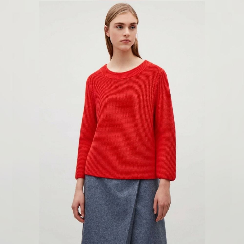 COS Heavyweight 100% Cotton Oversized Chunky Knit Red Textured Jumper Sweater L